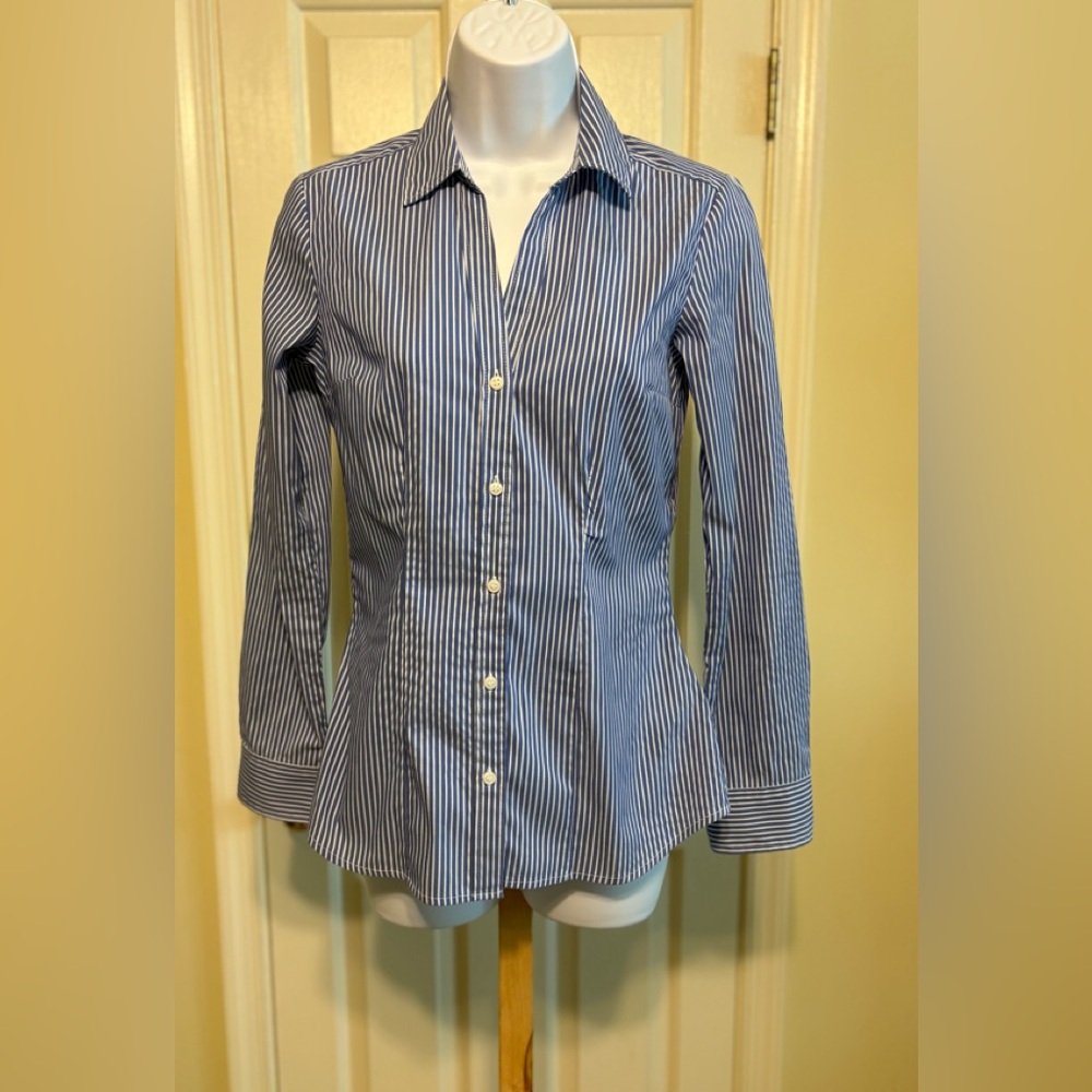 H&M Navy and White Striped V-Neck Button-Down Shirt, Size: 4